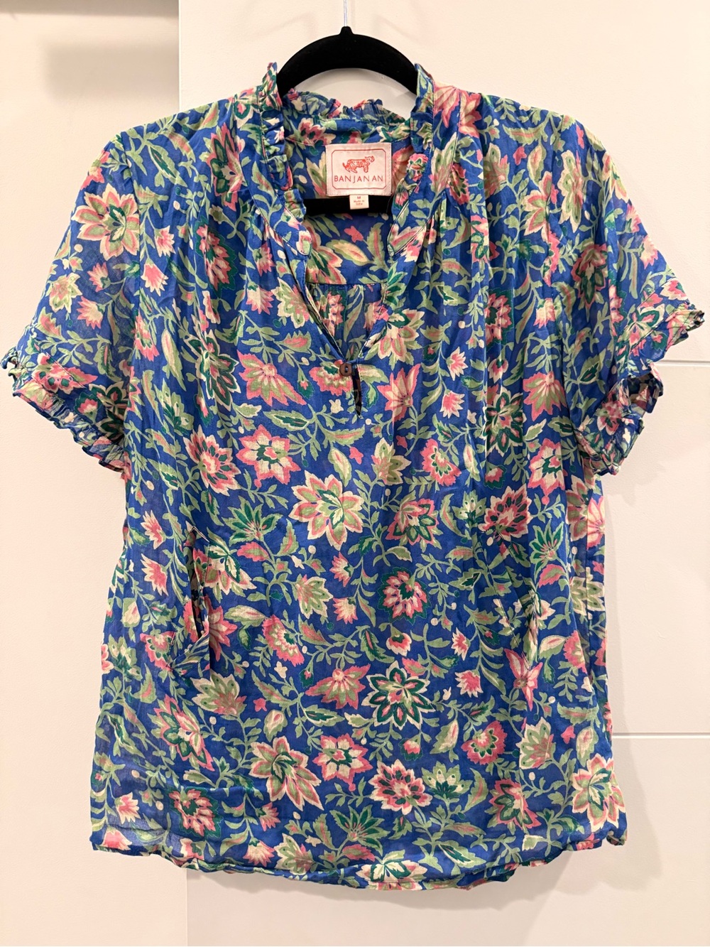 Banjanan Blue Floral Blue Short-Sleeve Women's Blouse